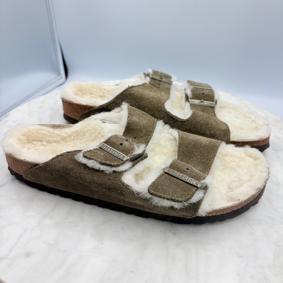 Birkenstock Arizona Shearling Suede Slides Fur Brown Sandals 39 Size 8.5-9 - Picture 4 of 8